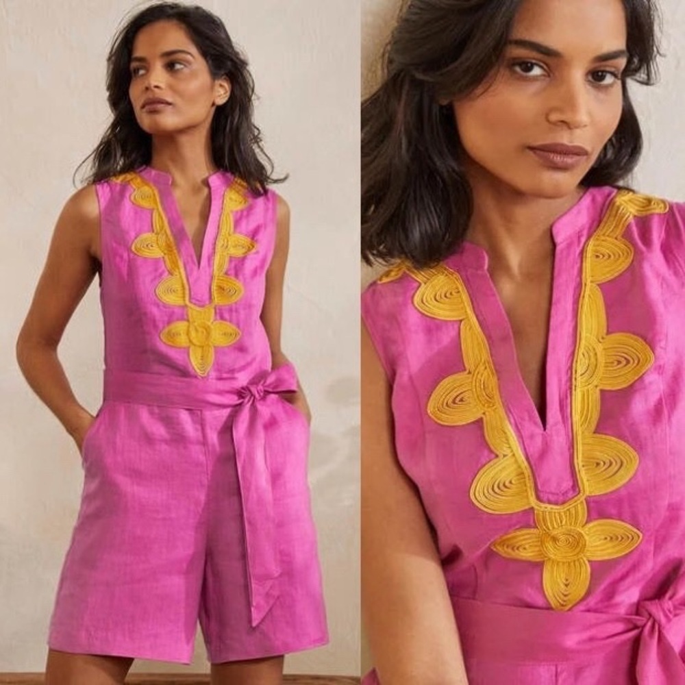 Boden Pink Sleeveless Romper with Yellow Embroidery